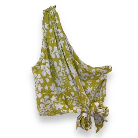 Free People Lime Floral One Shoulder Bohemian Preppy Side Tie Bow Top Blouse XS - Picture 1 of 8